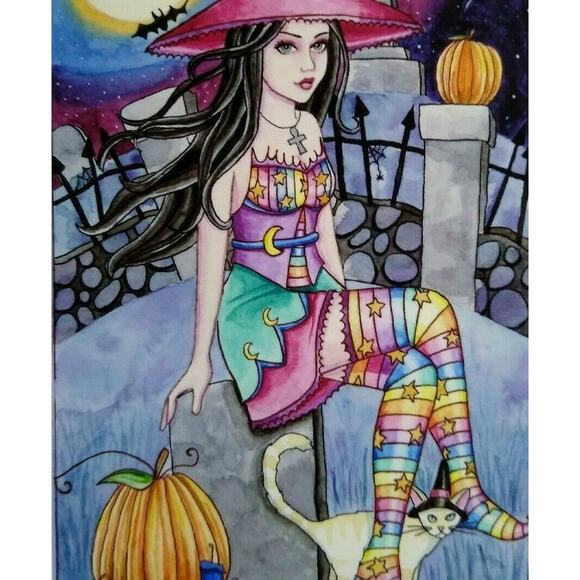 Halloween Postcard Nikki Burnette Graveyard Witch Cat Kamaria 2012 Limited To 35 - Picture 1 of 5